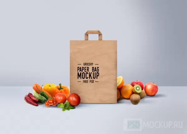 PSD мокап бумажного пакета и фруктов