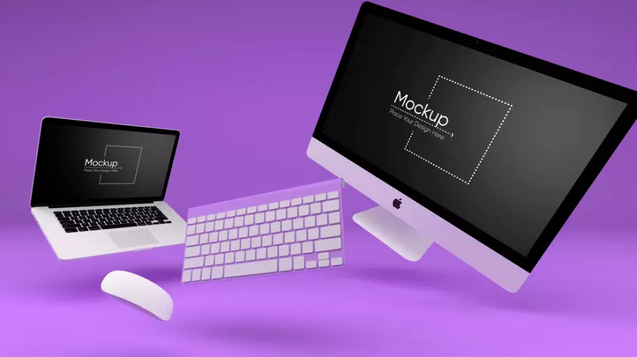 Мокап клавиатуры с макбуком и аймаком