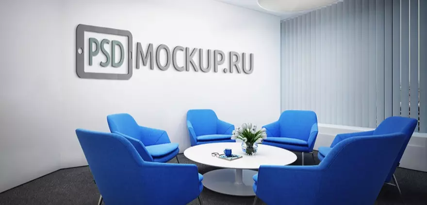 Скачать Мокап логотипа на стене офиса с синими креслами